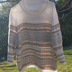 Women’s Cream Crewneck Sweater with Metallic Gold Stripes
